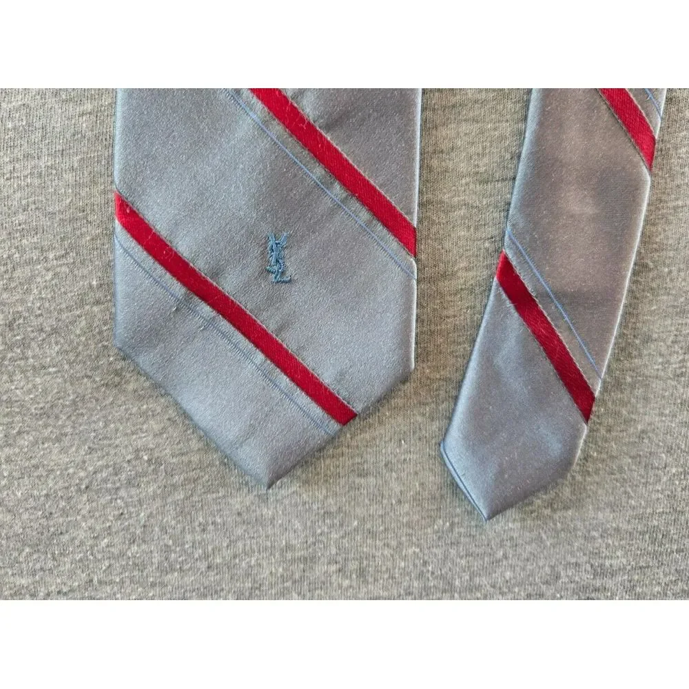 Vintage Yves Saint Laurent Neckwear Striped Red & Silver Tie‎ 3